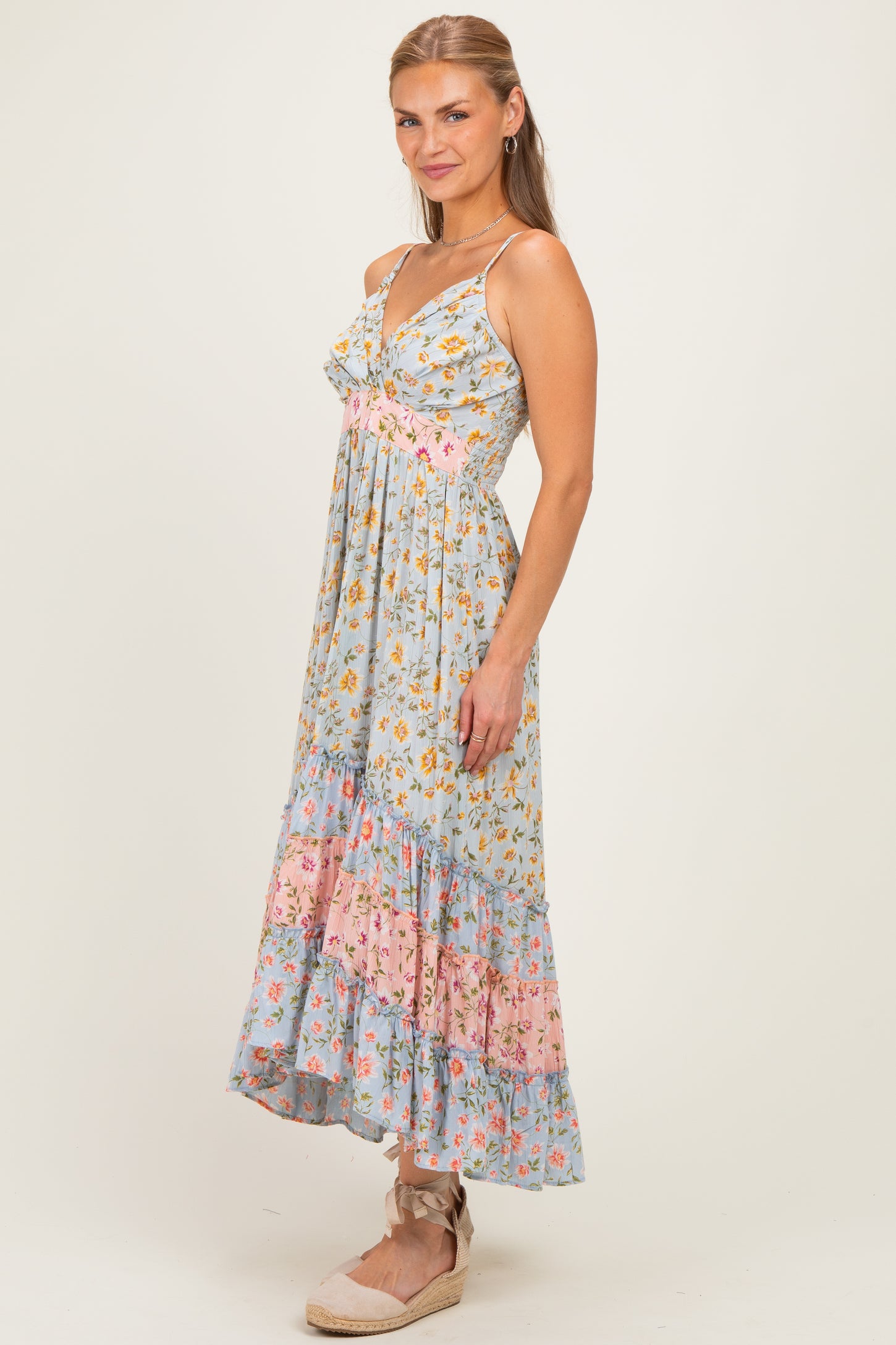 Multicolor Floral Colorblock Ruffle Tiered Midi Dress