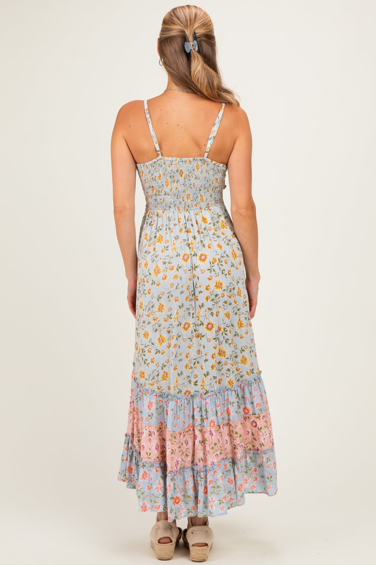 Multicolor Floral Colorblock Ruffle Tiered Midi Dress
