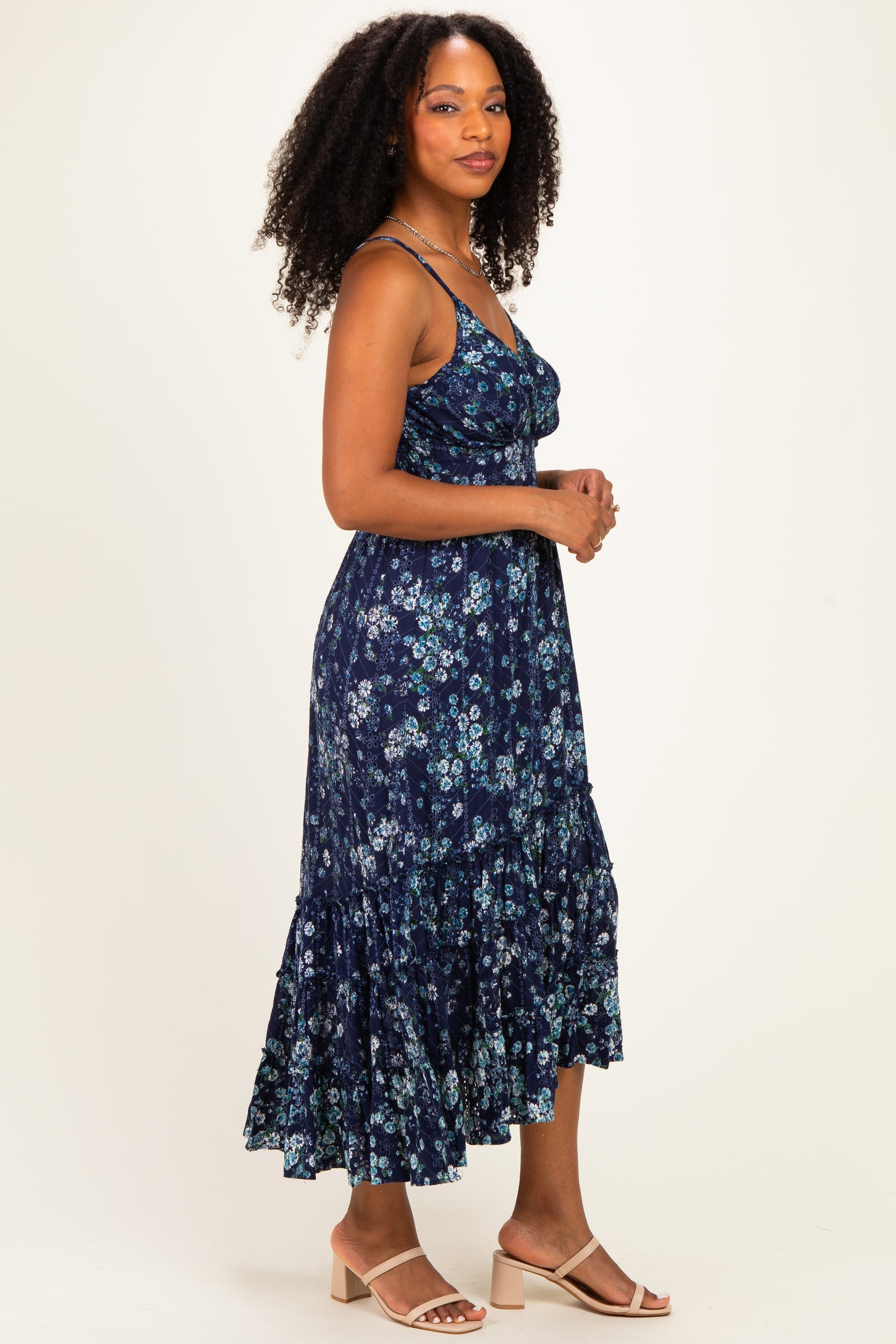 Navy Floral Eyelet Lace Ruffle Hem Midi Dress
