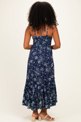 Navy Floral Eyelet Lace Ruffle Hem Midi Dress