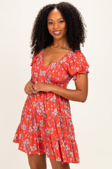 Red Floral Puff Sleeve Smocked Mini Dress