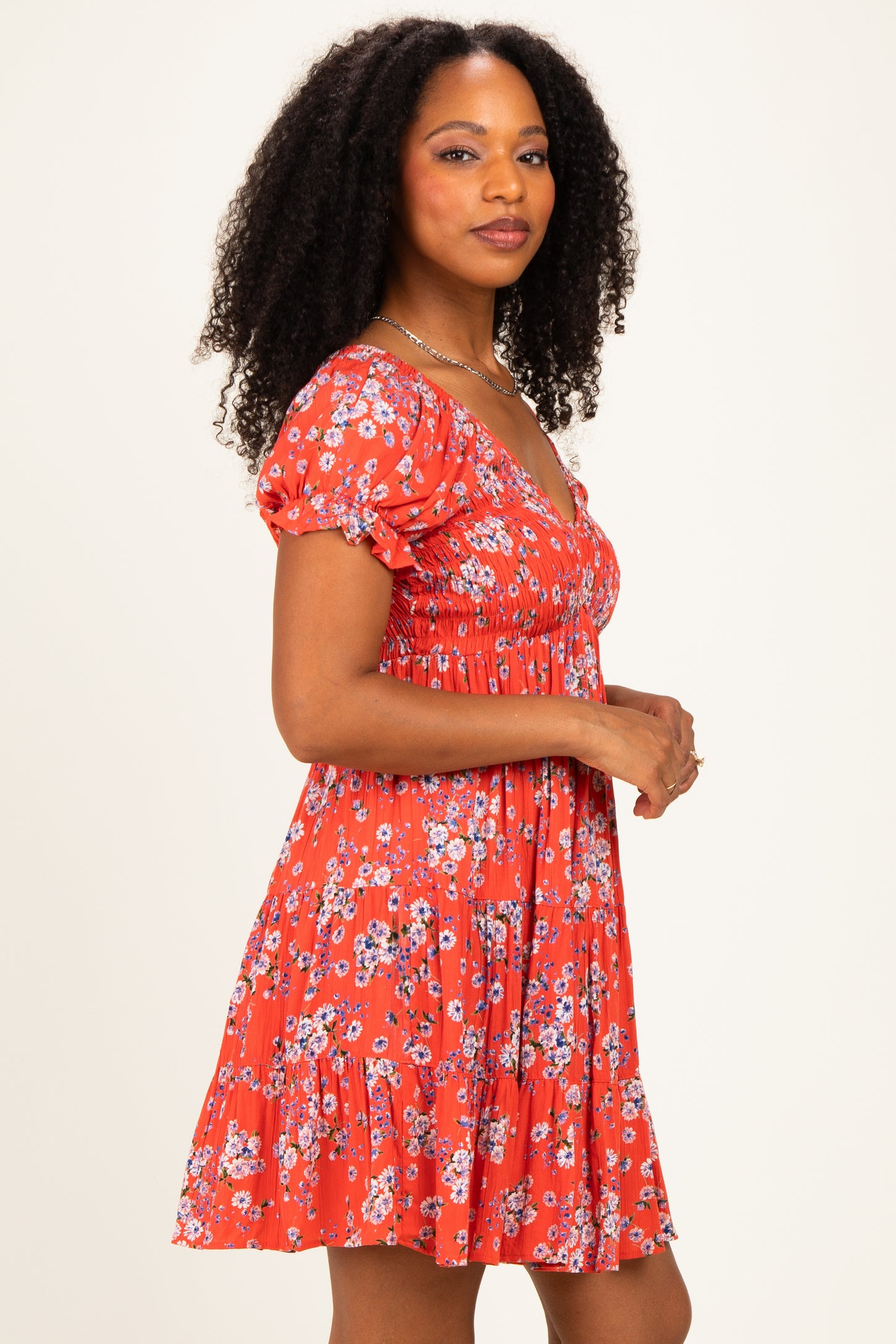 Red Floral Puff Sleeve Smocked Mini Dress