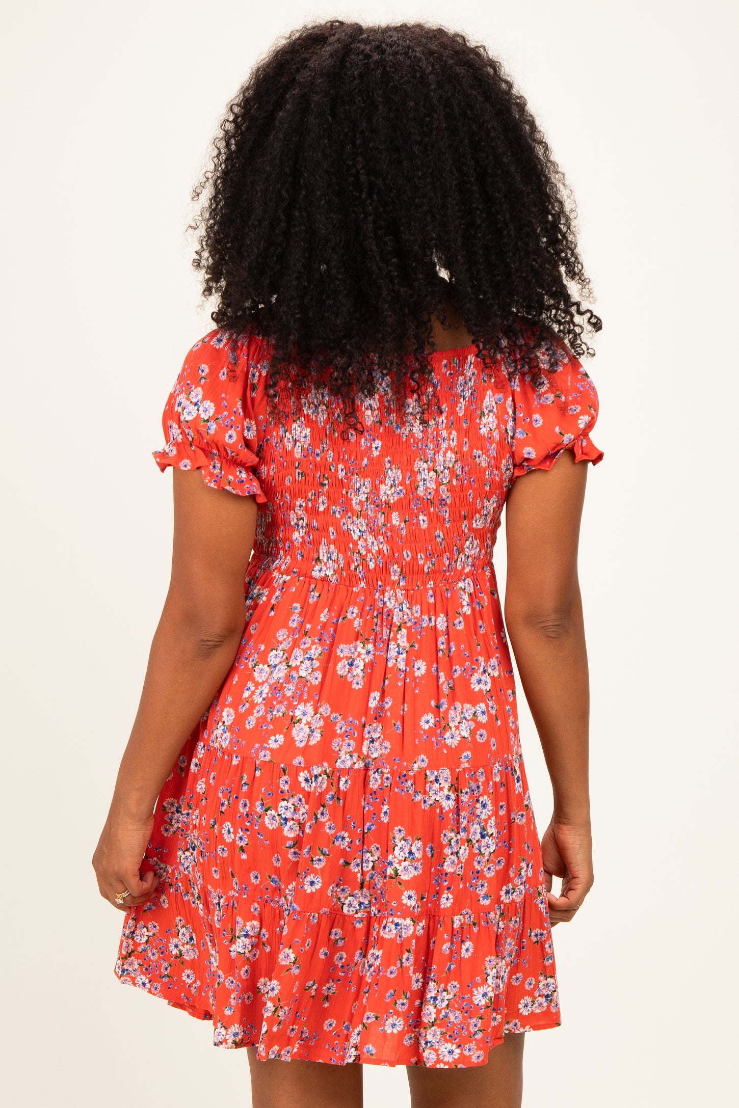 Red Floral Puff Sleeve Smocked Mini Dress