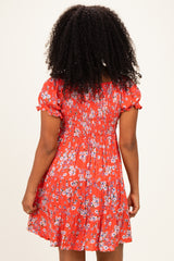 Red Floral Puff Sleeve Smocked Mini Dress