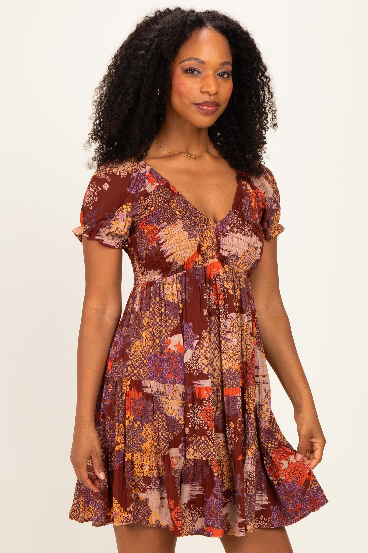 Brown Printed V-Neck Smocked Mini Dress