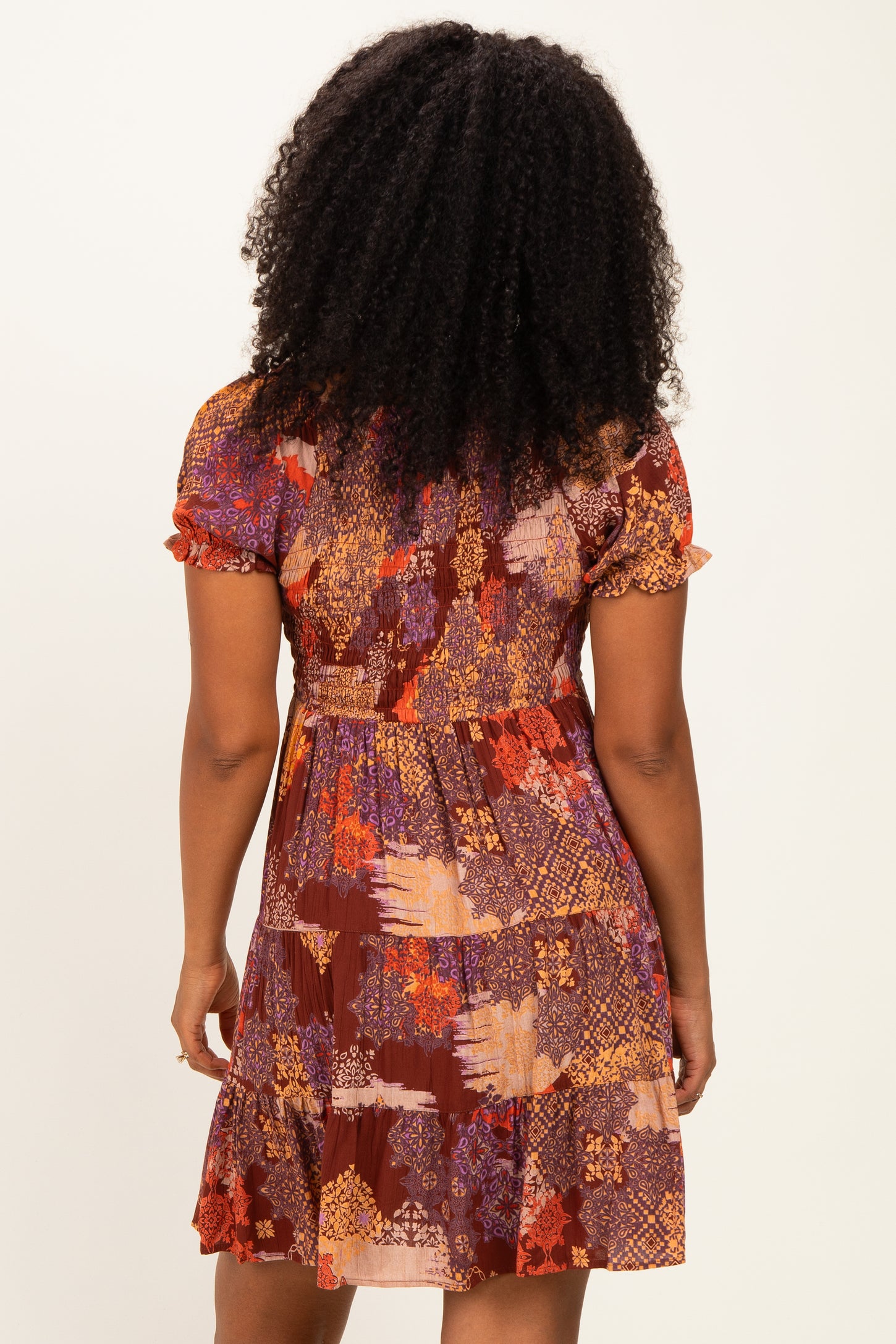Brown Printed V-Neck Smocked Mini Dress