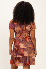 Brown Printed V-Neck Smocked Mini Dress