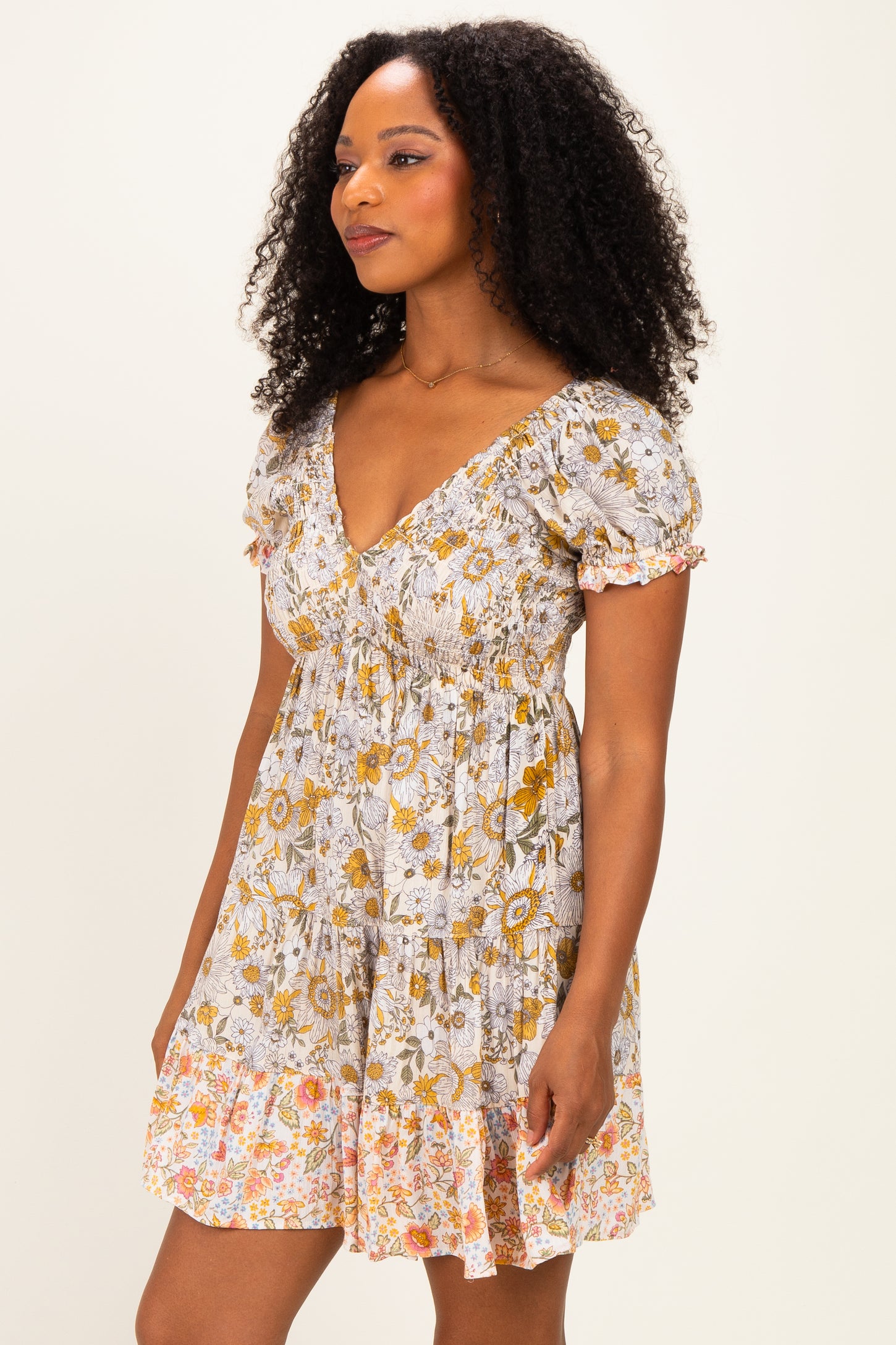 Lemon Mixed Floral V-Neck Smocked Mini Dress