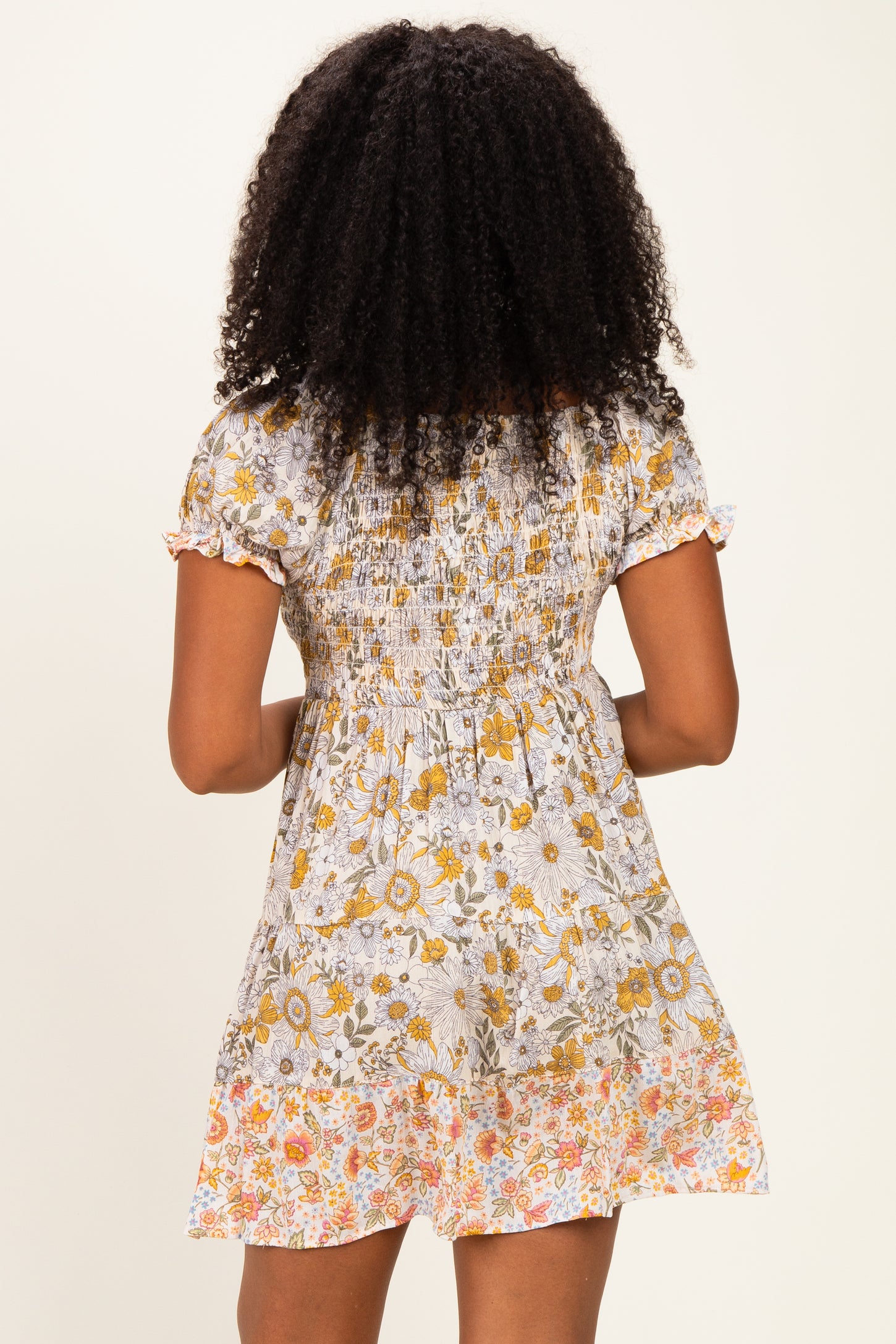 Lemon Mixed Floral V-Neck Smocked Mini Dress