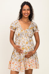 Lemon Mixed Floral V-Neck Smocked Maternity Mini Dress