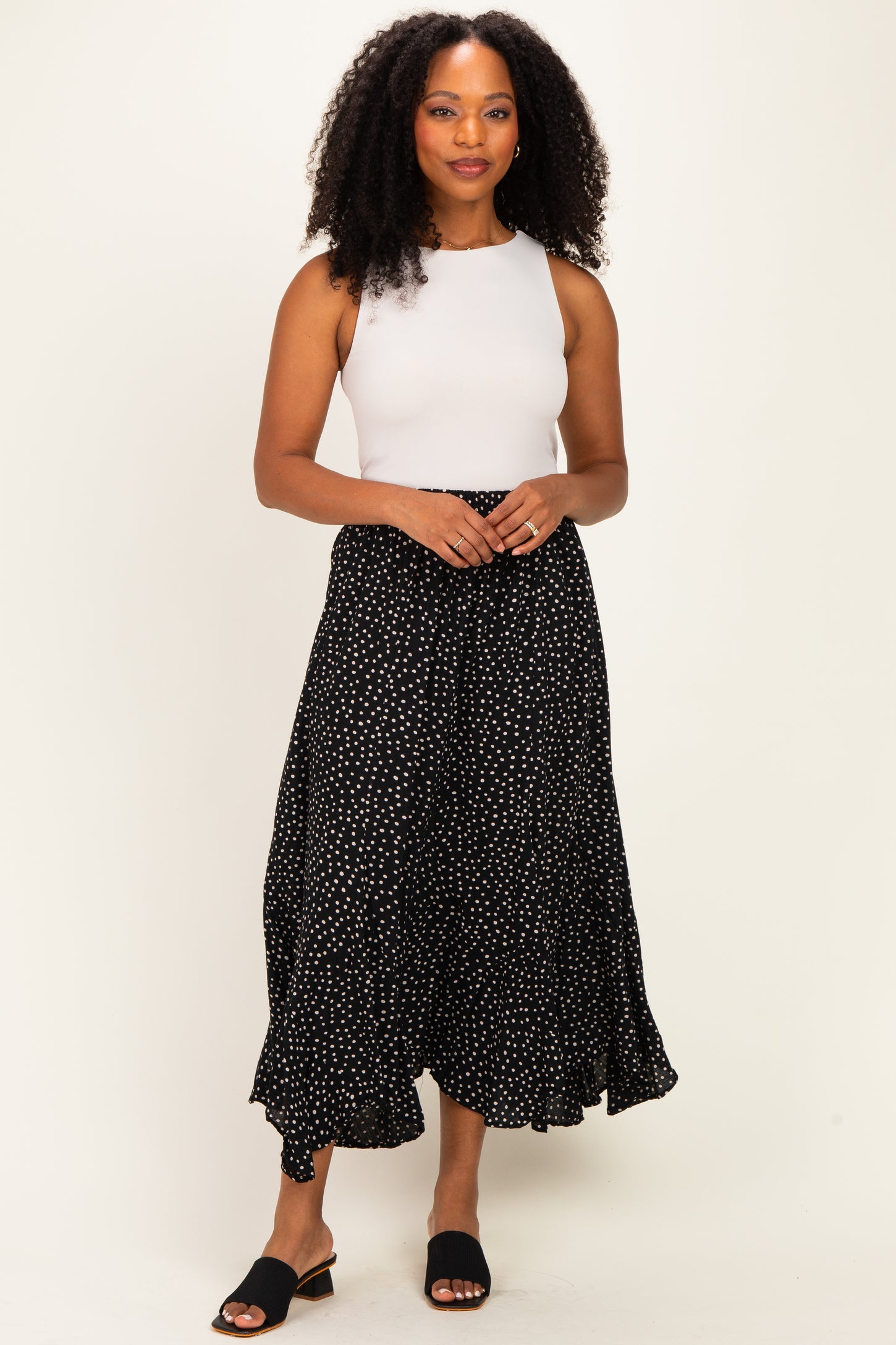 Black Polka Dot Ruffle Hem Maxi Skirt