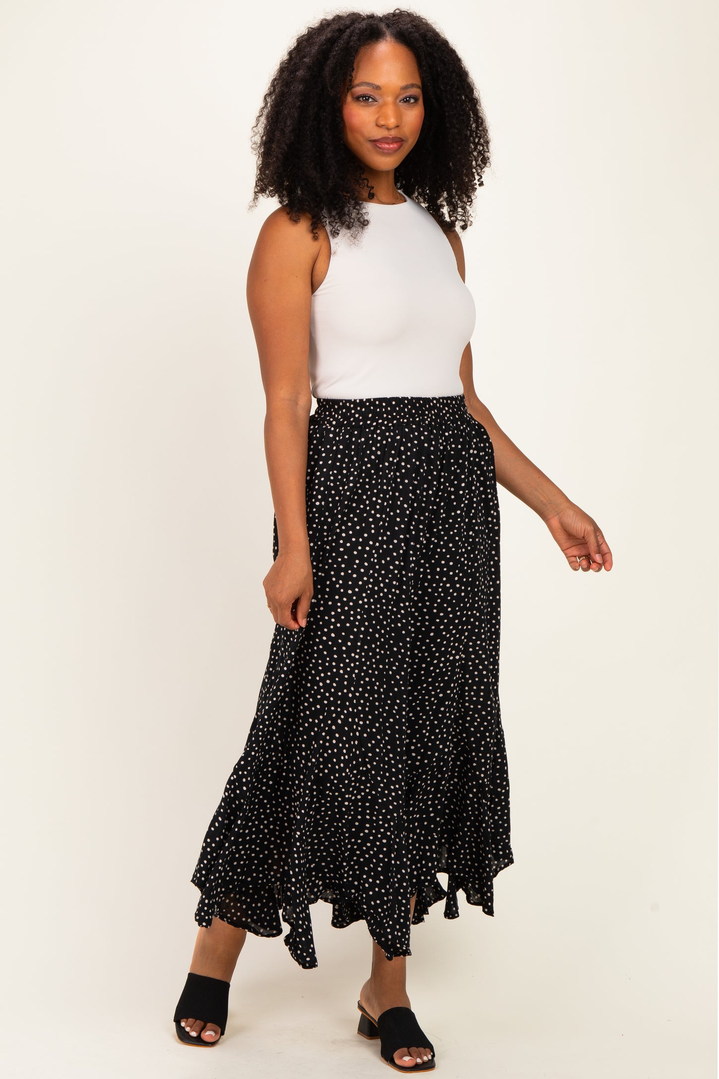 Black Polka Dot Ruffle Hem Maxi Skirt