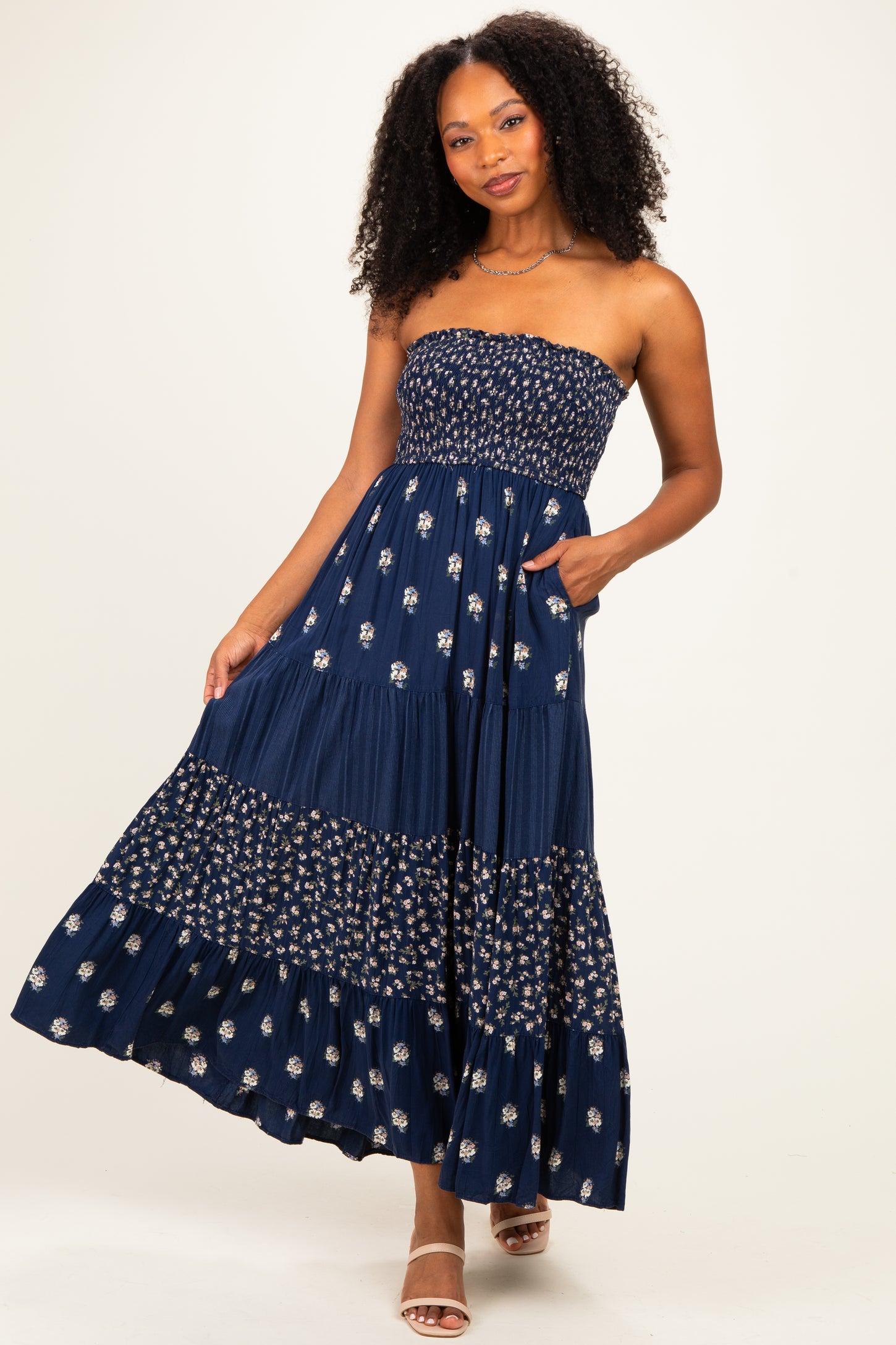 Navy Colorblock Floral Strapless Maxi Dress