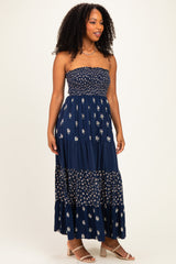 Navy Colorblock Floral Strapless Maxi Dress