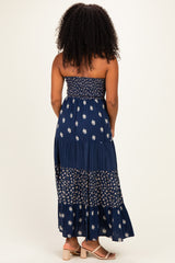 Navy Colorblock Floral Strapless Maxi Dress