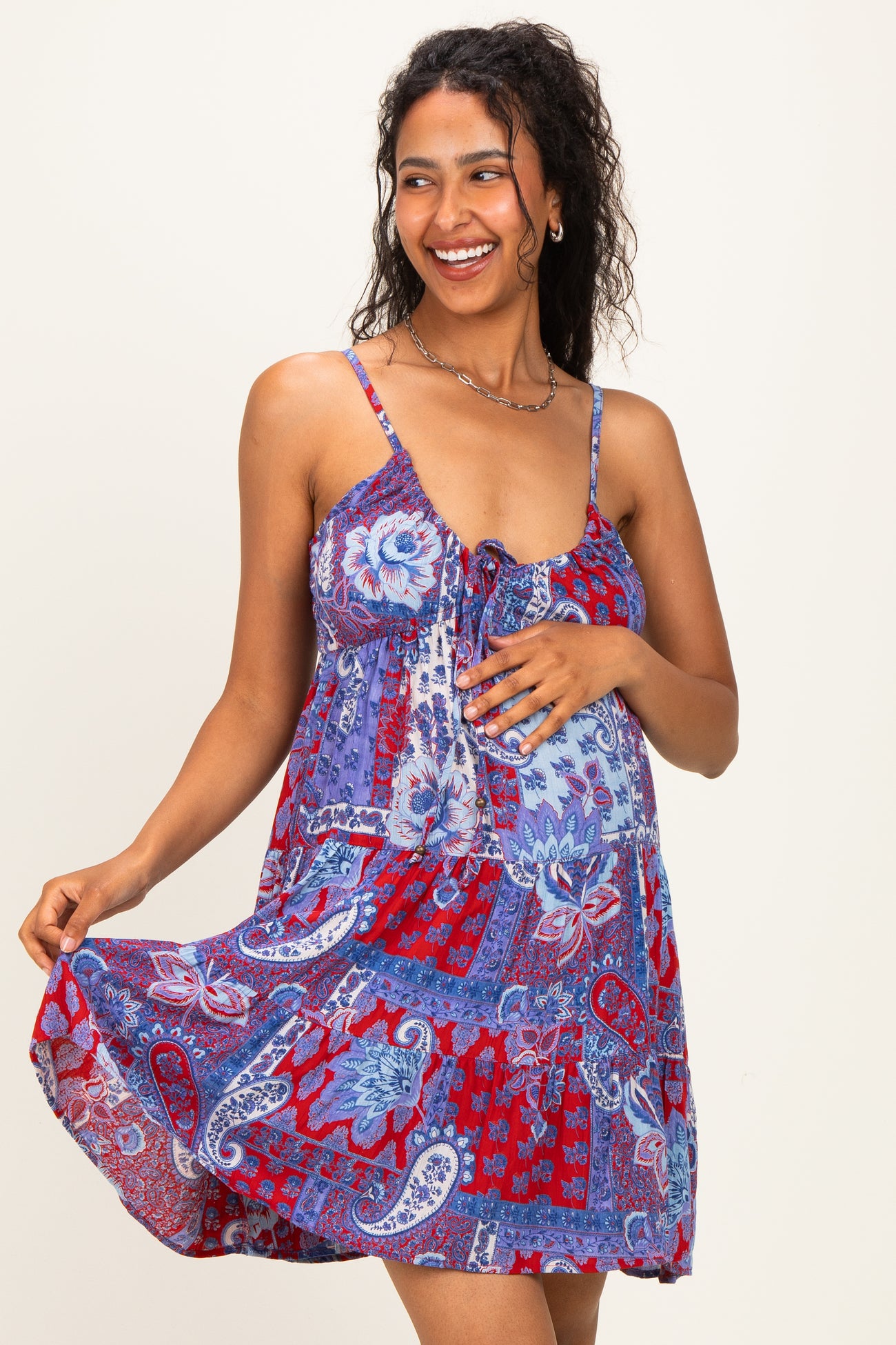 Blue Floral Paisley Patchwork Print Maternity Mini