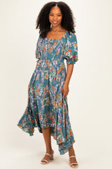 Teal Floral Smocked Handkerchief Hem Midi Dress