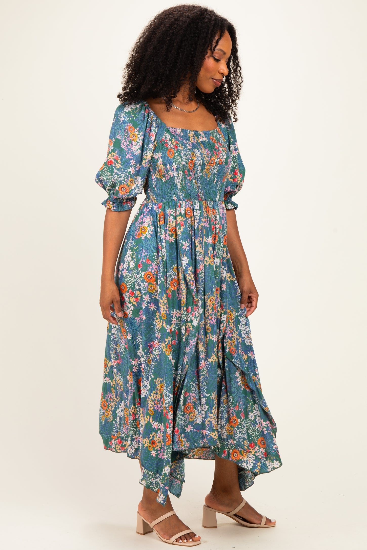 Teal Floral Smocked Handkerchief Hem Midi Dress