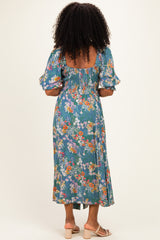 Teal Floral Smocked Handkerchief Hem Midi Dress