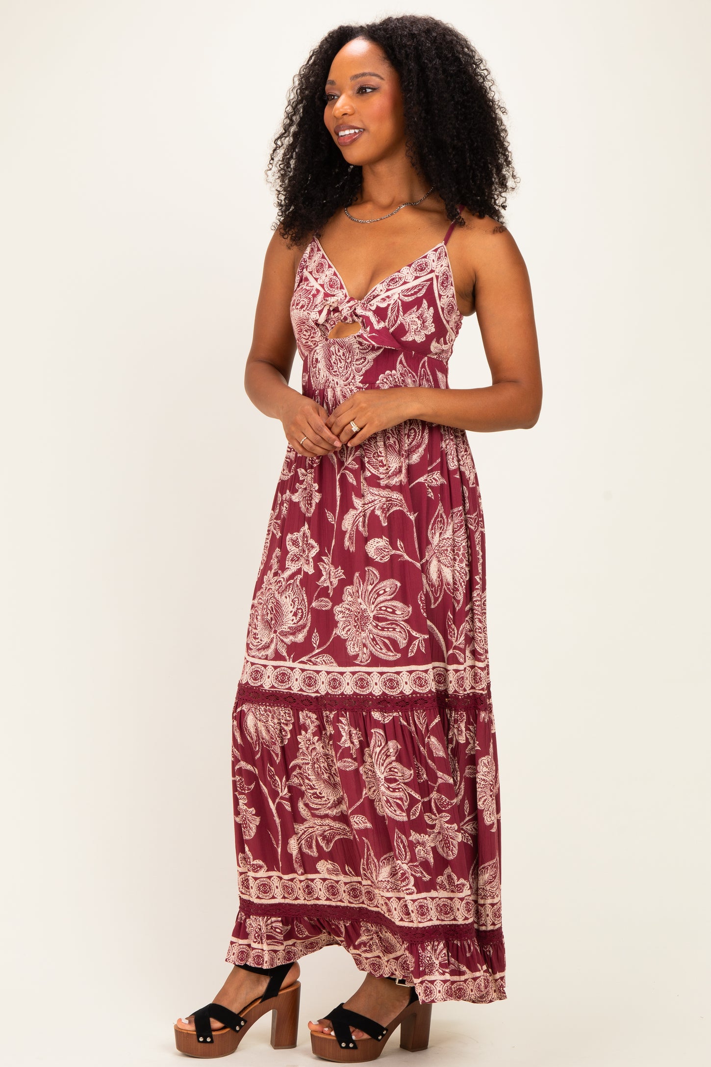 Wine Floral Front Tie Keyhole Maxi Dress