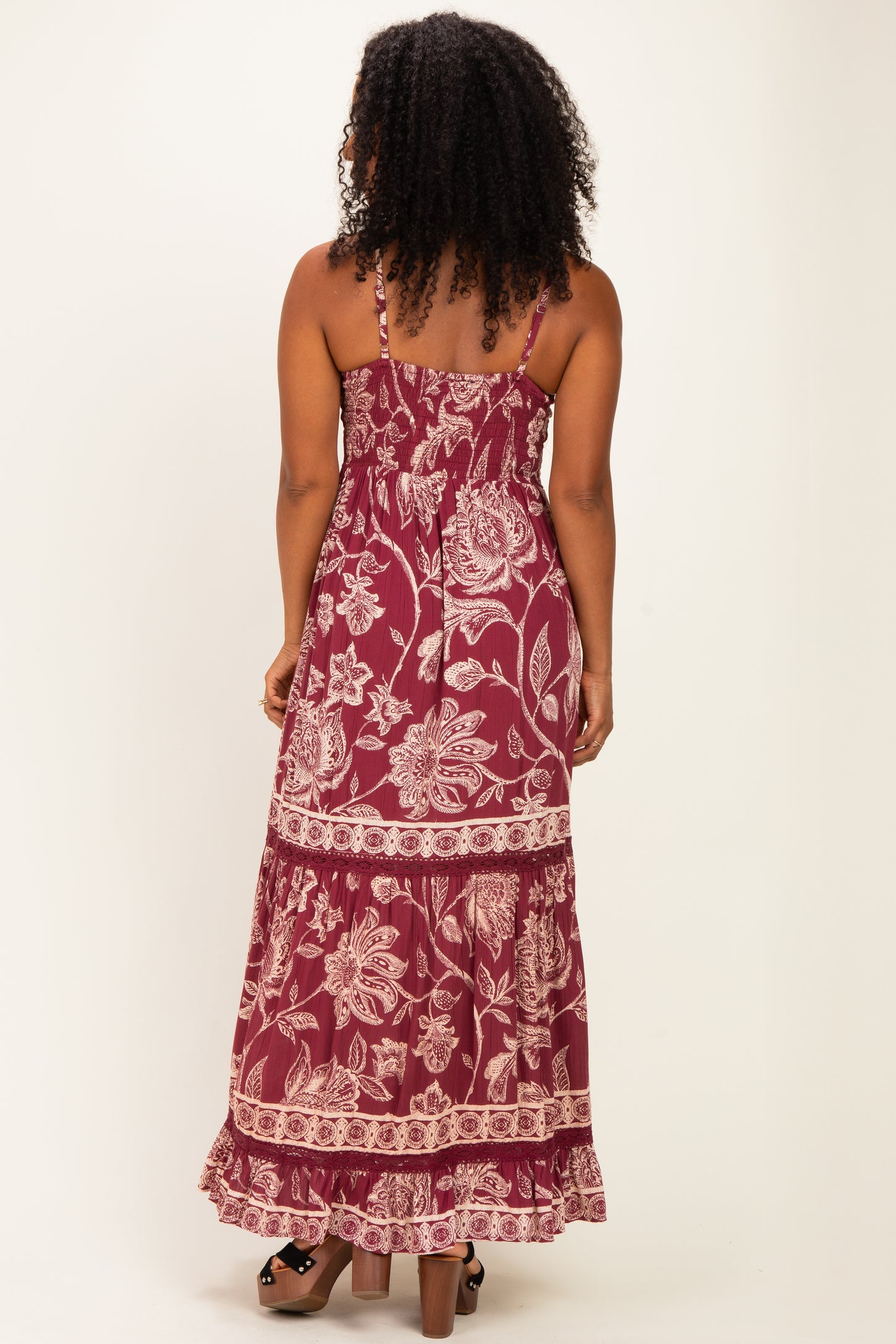 Wine Floral Front Tie Keyhole Maxi Dress