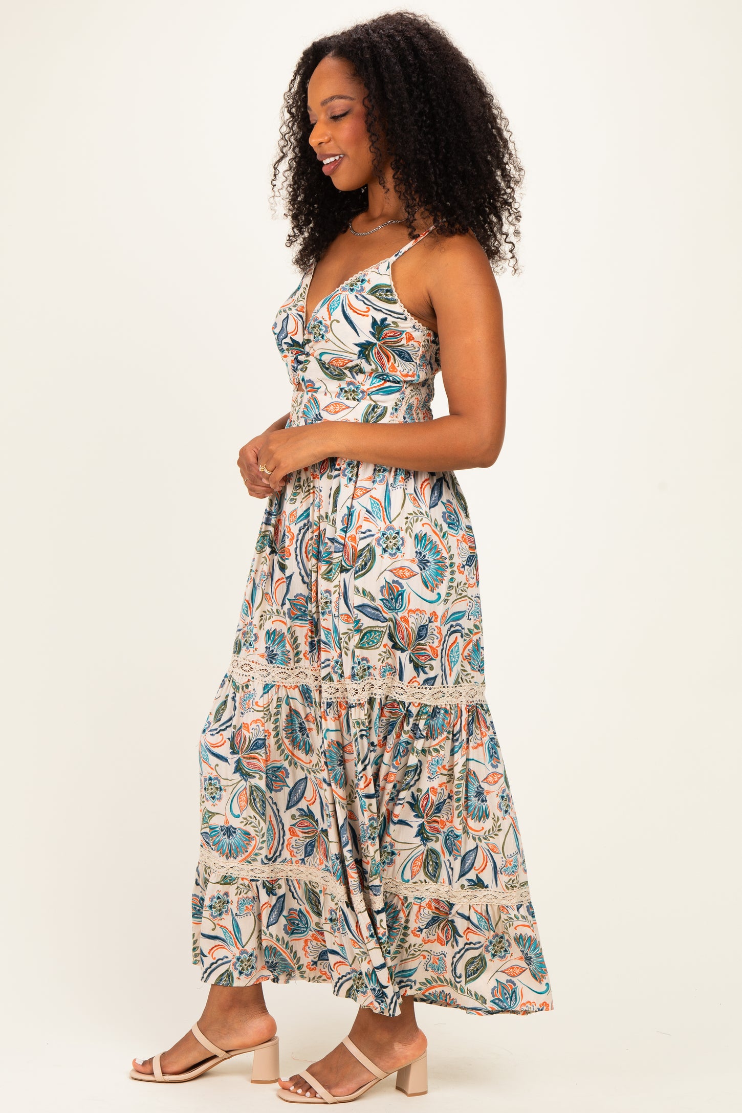 Ivory Floral Twist Front Keyhole Lace Trim Maxi Dress