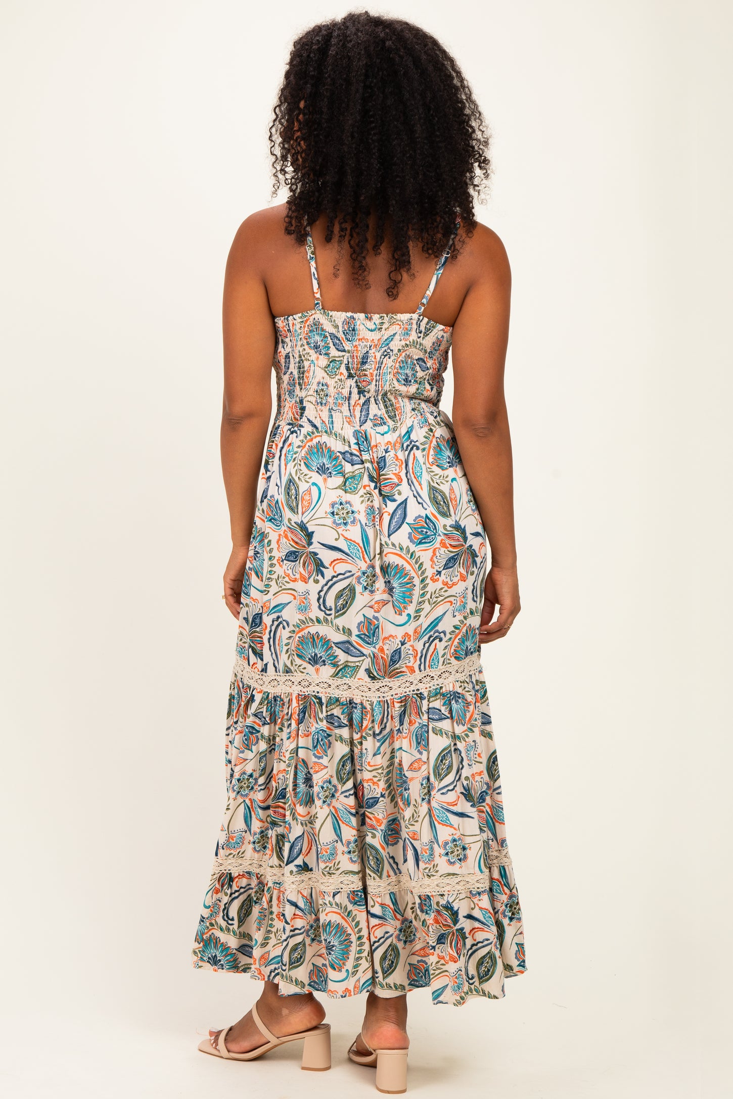 Ivory Floral Twist Front Keyhole Lace Trim Maxi Dress