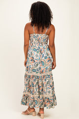Ivory Floral Twist Front Keyhole Lace Trim Maxi Dress