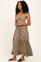 Olive Floral Twist Front Keyhole Maxi Dress