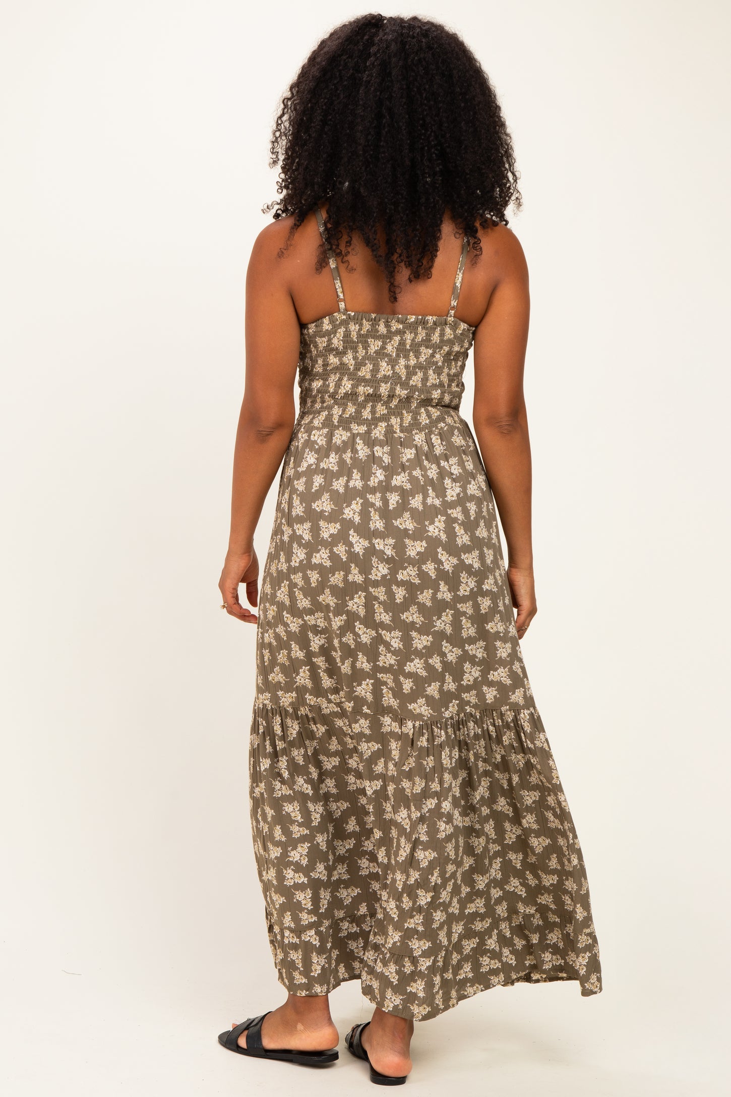 Olive Floral Twist Front Keyhole Maxi Dress