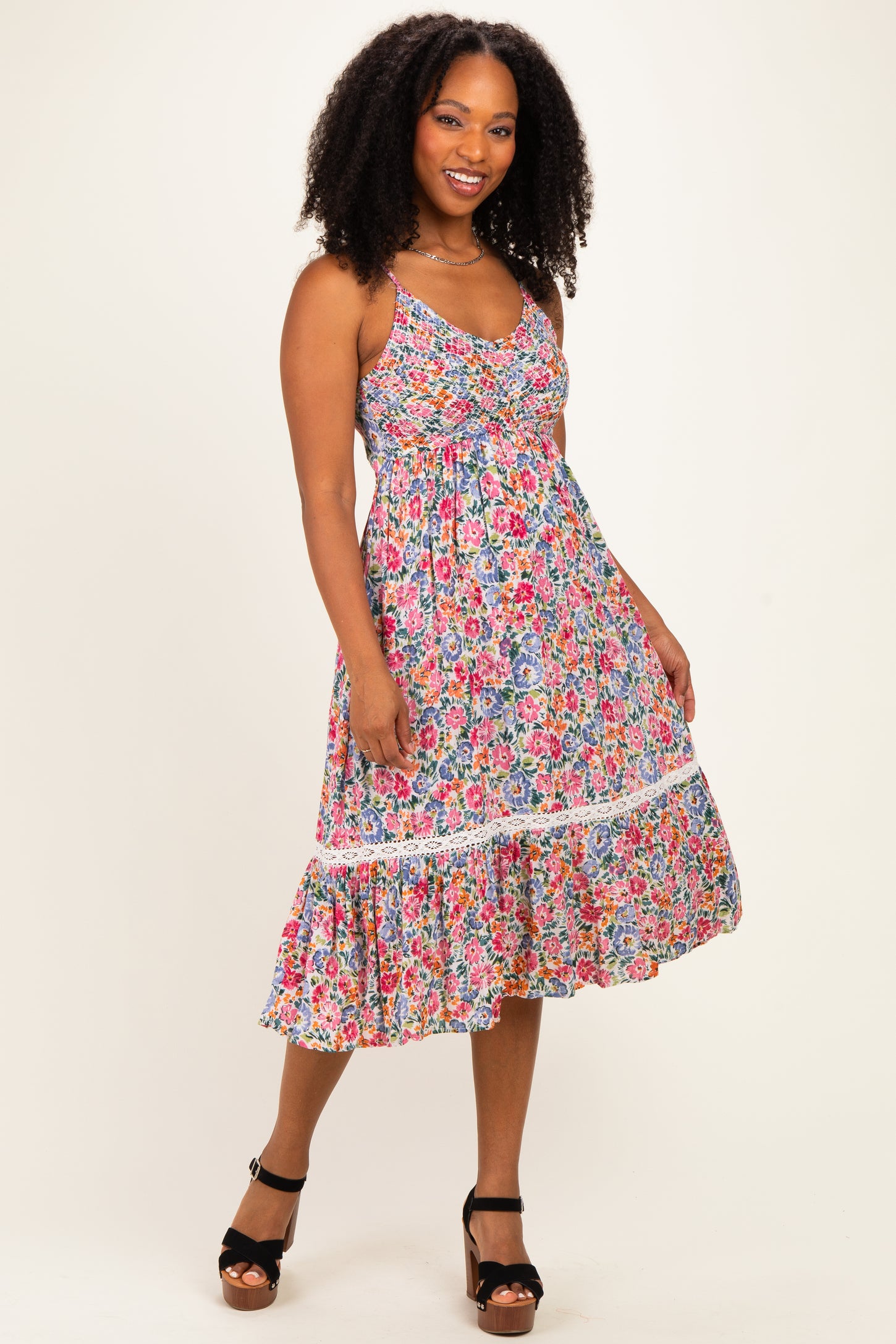 Ivory Floral Lace Up Cutout Midi Dress