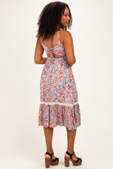 Ivory Floral Lace Up Cutout Midi Dress