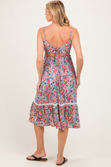 Ivory Floral Lace Up Cutout Maternity Midi Dress