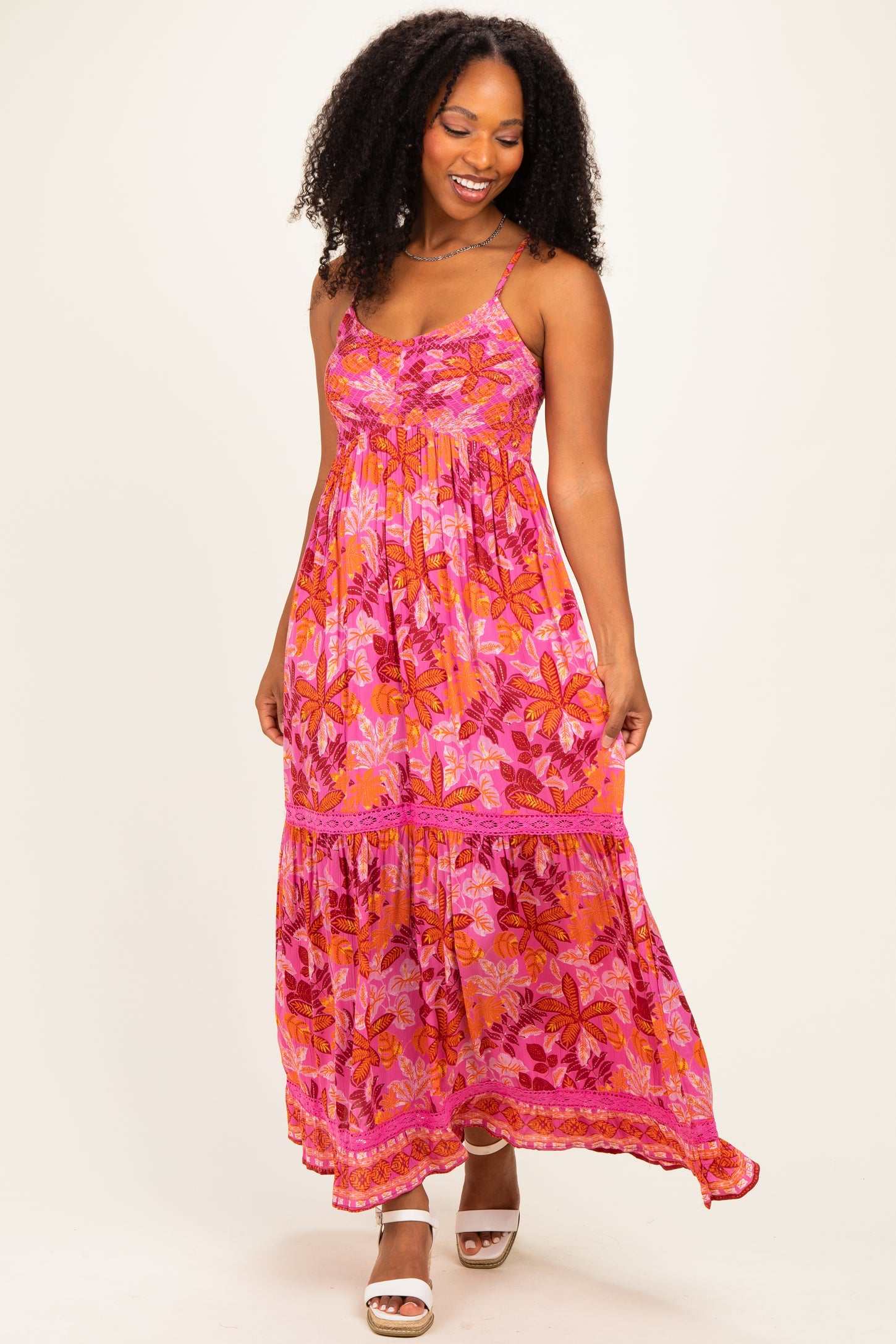 Fuchsia Floral Lace Trim Maxi Dress