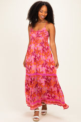 Fuchsia Floral Lace Trim Maxi Dress