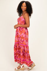 Fuchsia Floral Lace Trim Maxi Dress
