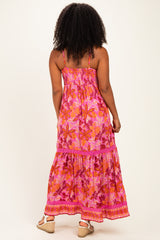 Fuchsia Floral Lace Trim Maxi Dress
