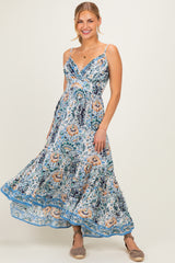 Blue Floral V-Neck Maternity Midi Dress