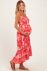 Strawberry Floral V-Neck Tiered Hem Maternity Midi Dress