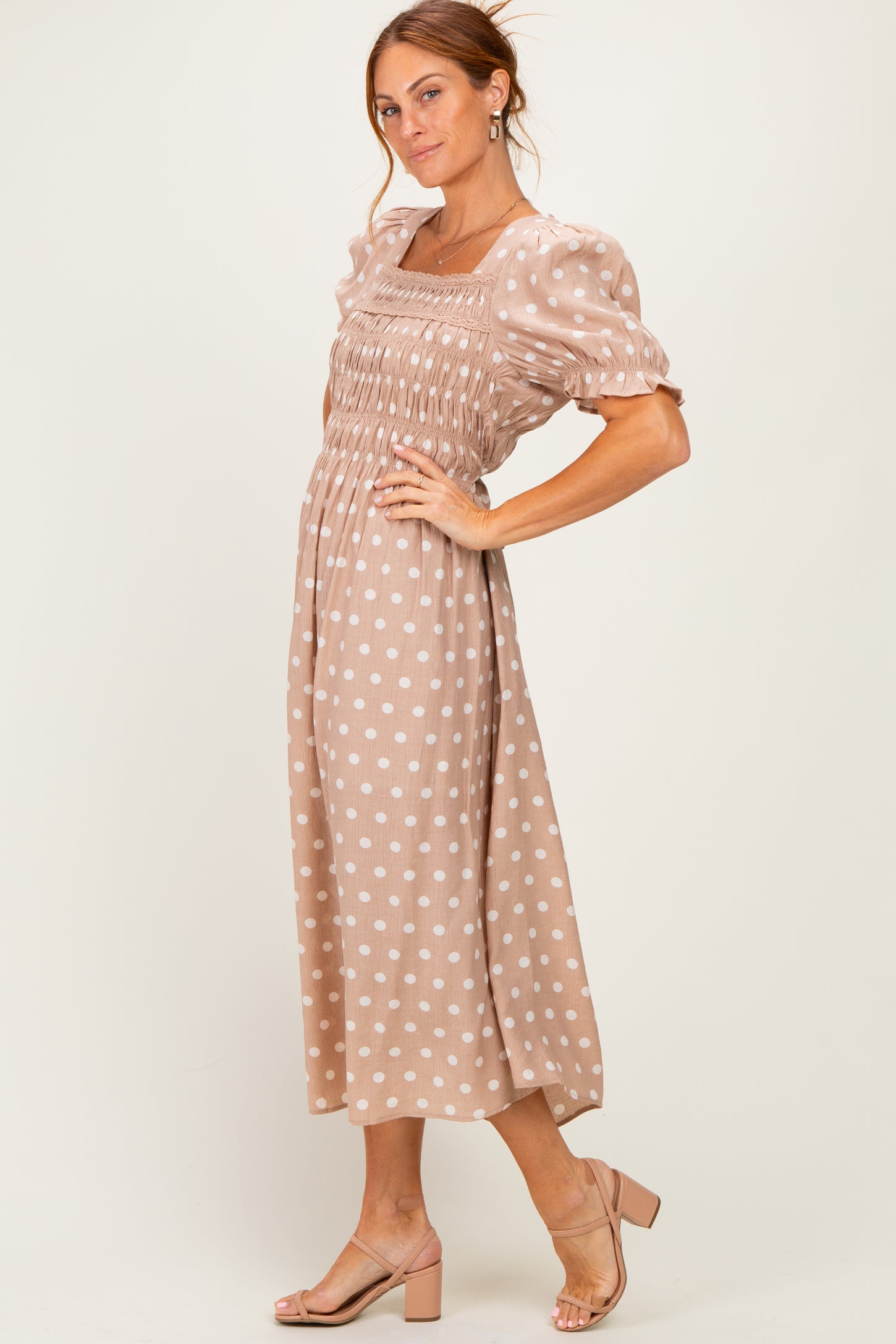 Light Taupe Polka Dot Smocked Midi Dress