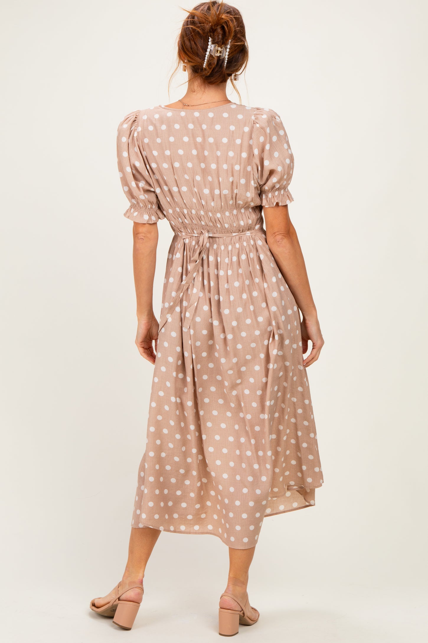 Light Taupe Polka Dot Smocked Midi Dress