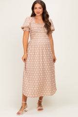 Light Taupe Polka Dot Smocked Maternity Midi Dress