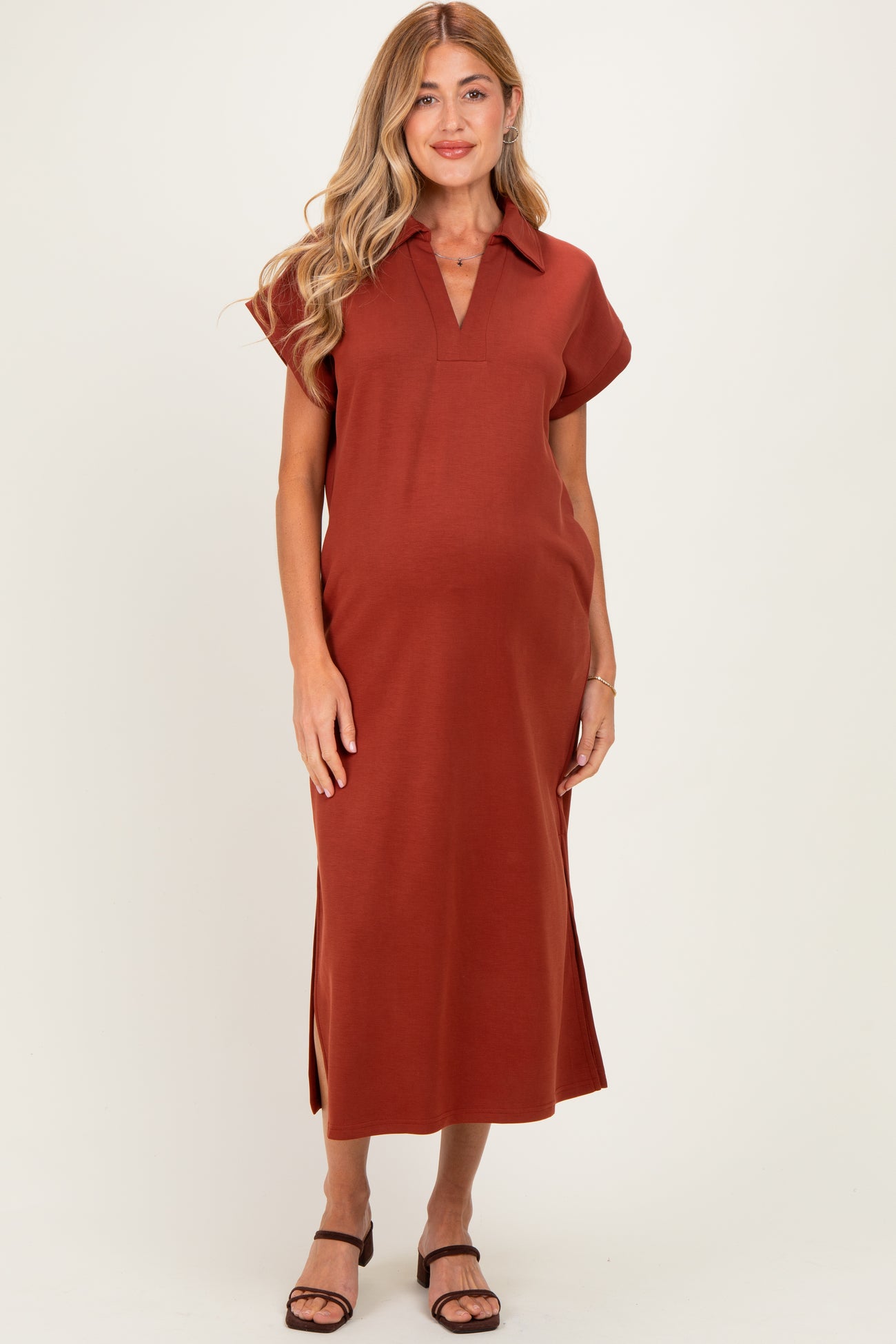 Clay Collared Short Sleeve Maternity Midi Dress