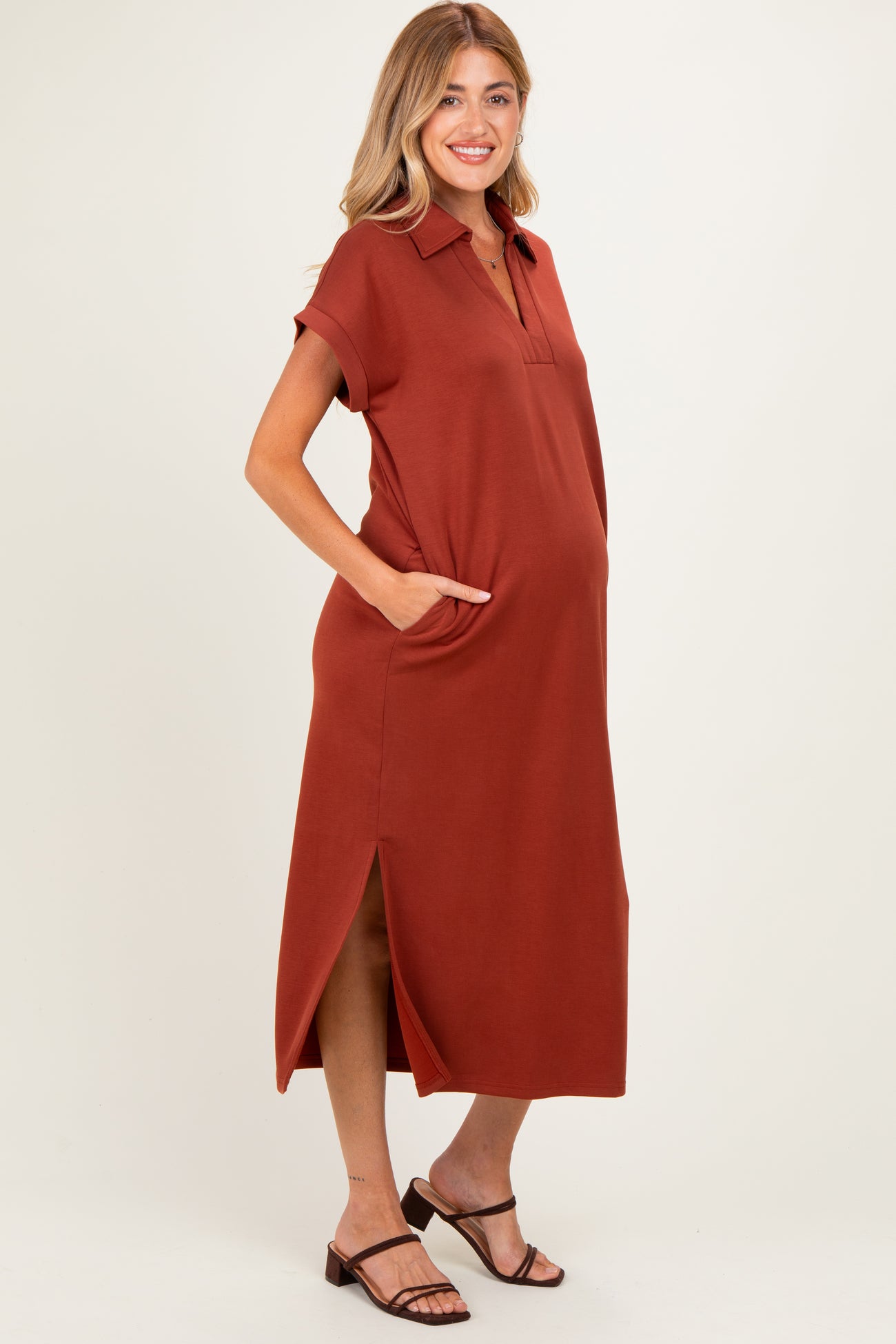 Clay Collared Short Sleeve Maternity Midi Dress