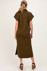 Olive Collared Short Sleeve Maternity Midi Dress