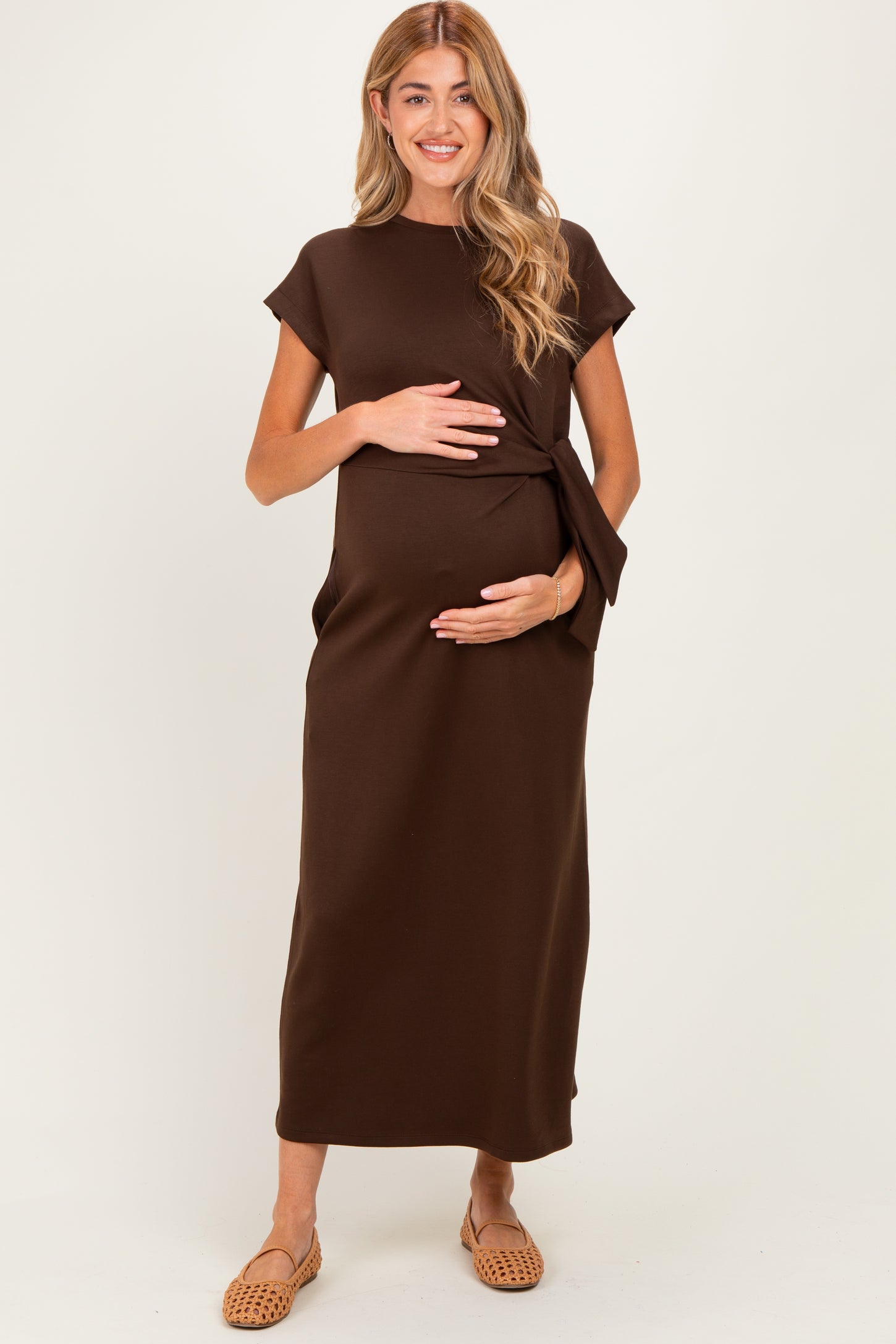 Brown Side Tie Short Sleeve Maternity Midi Dress