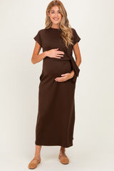 Brown Side Tie Short Sleeve Maternity Midi Dress
