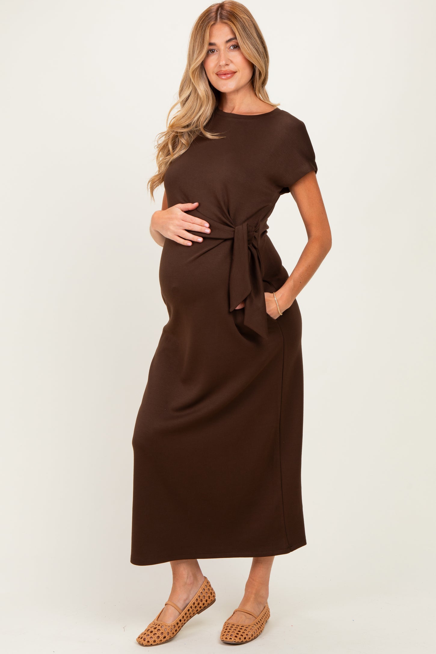 Brown Side Tie Short Sleeve Maternity Midi Dress