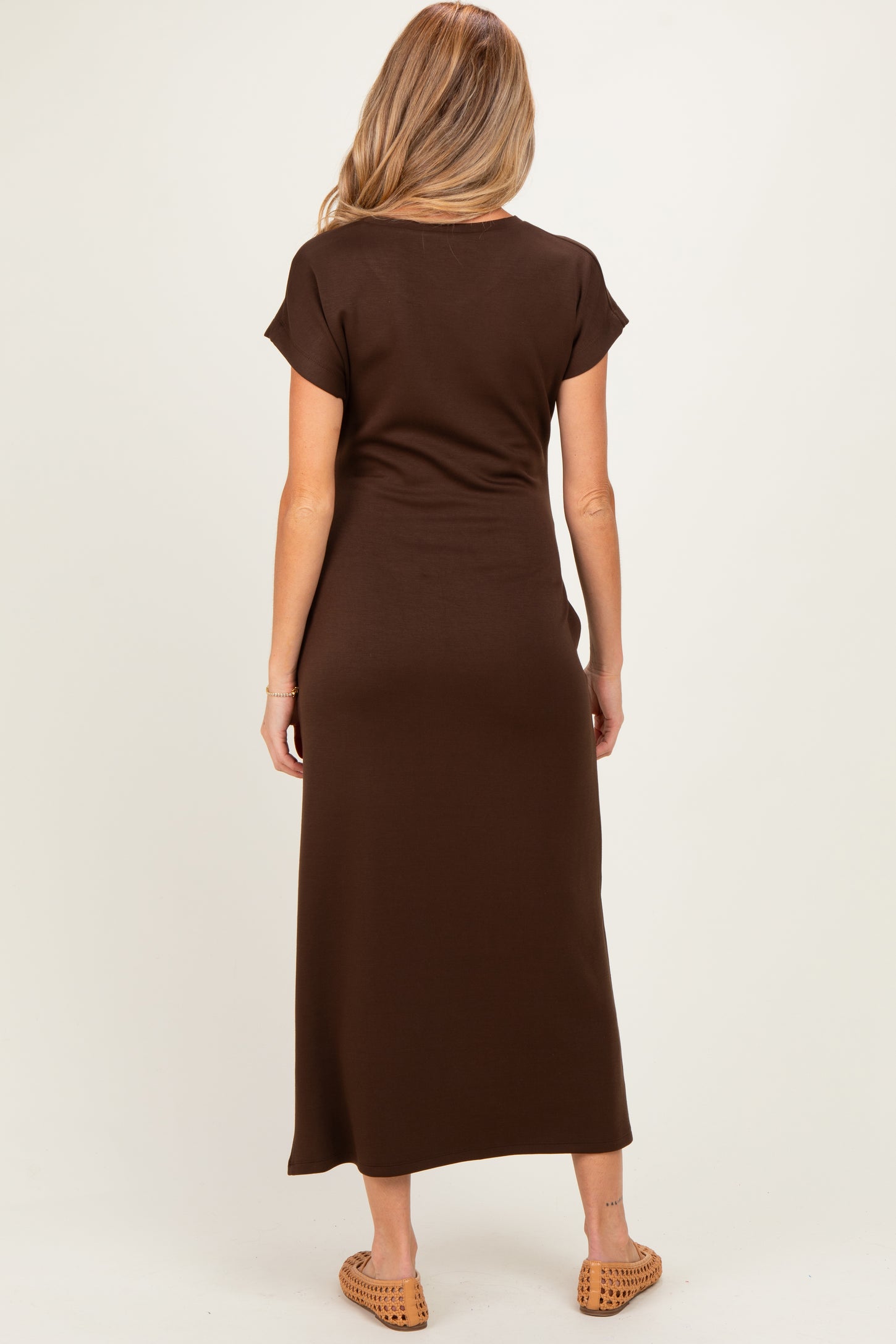 Brown Side Tie Short Sleeve Maternity Midi Dress