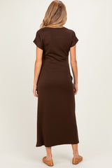 Brown Side Tie Short Sleeve Maternity Midi Dress
